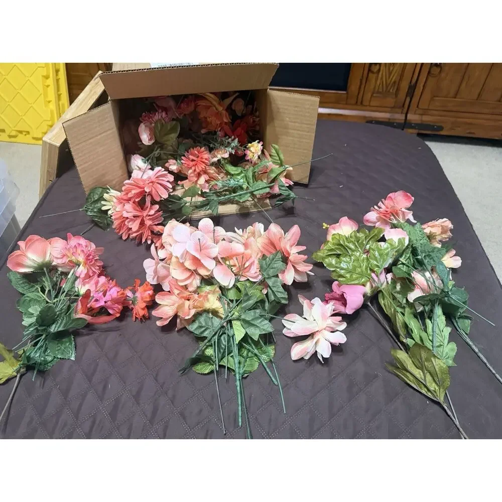 Large Lot / Box of Miscellaneous Artificial Silk Flowers - Bright Coral Shades